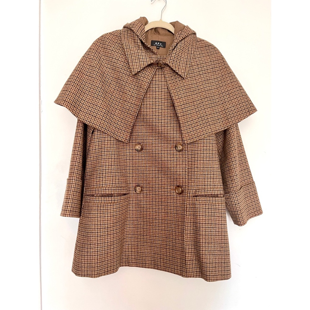 APC Brown Houndstooth Cape 100% Wool Coat XS